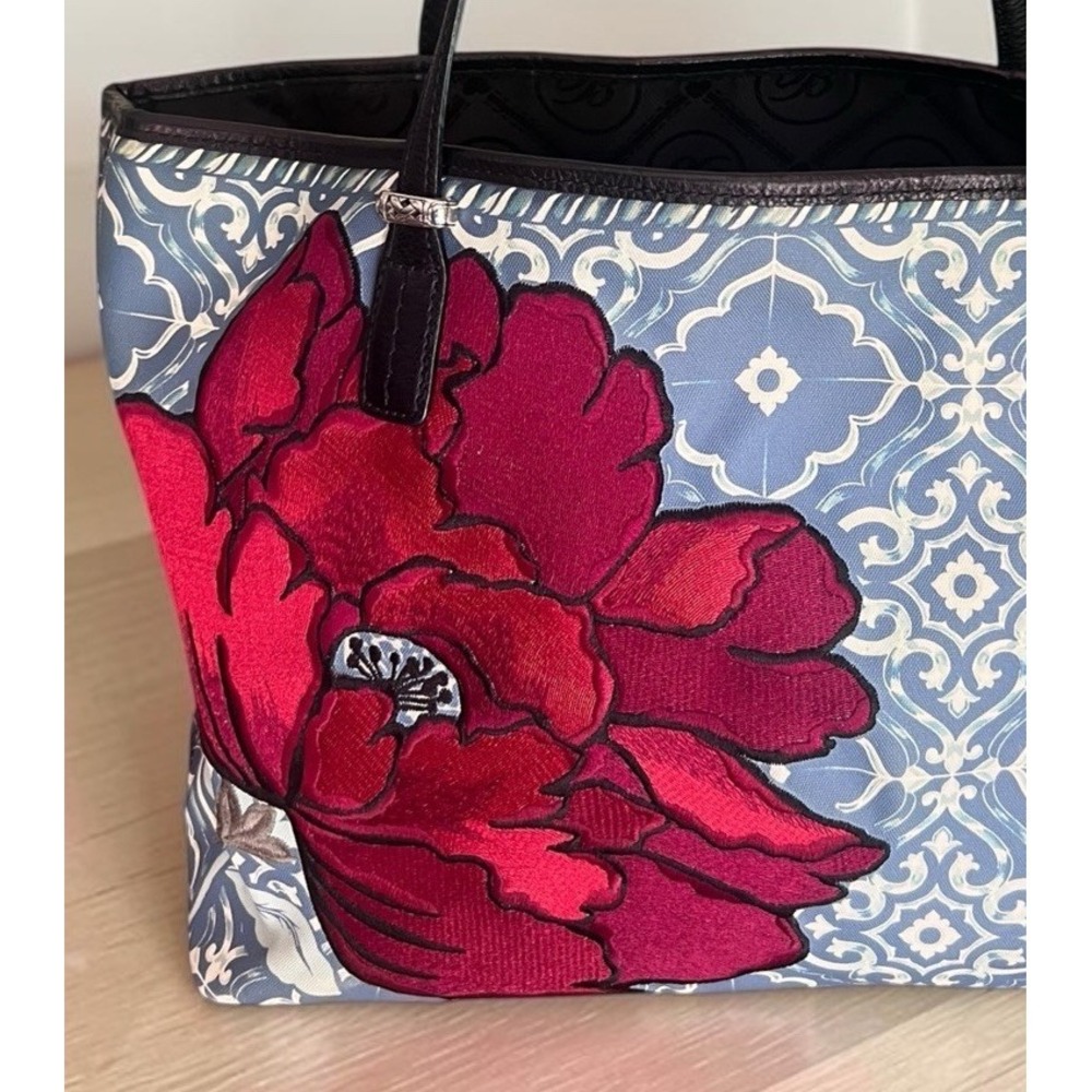 Brighton Barbados Poppy Applique Tote Bag Blue White Scroll Print Shoulder Purse